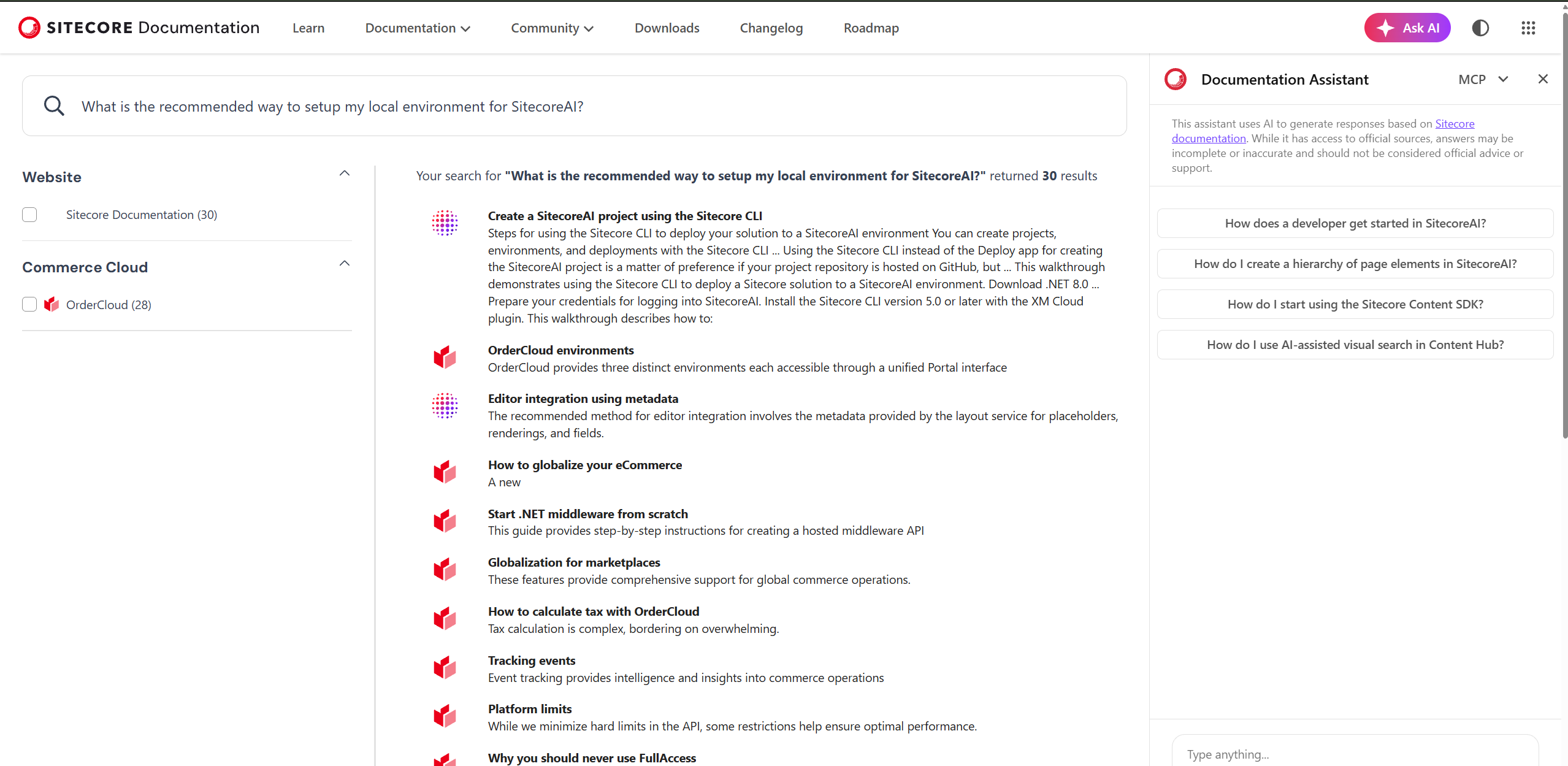 Sitecore Documentation search results